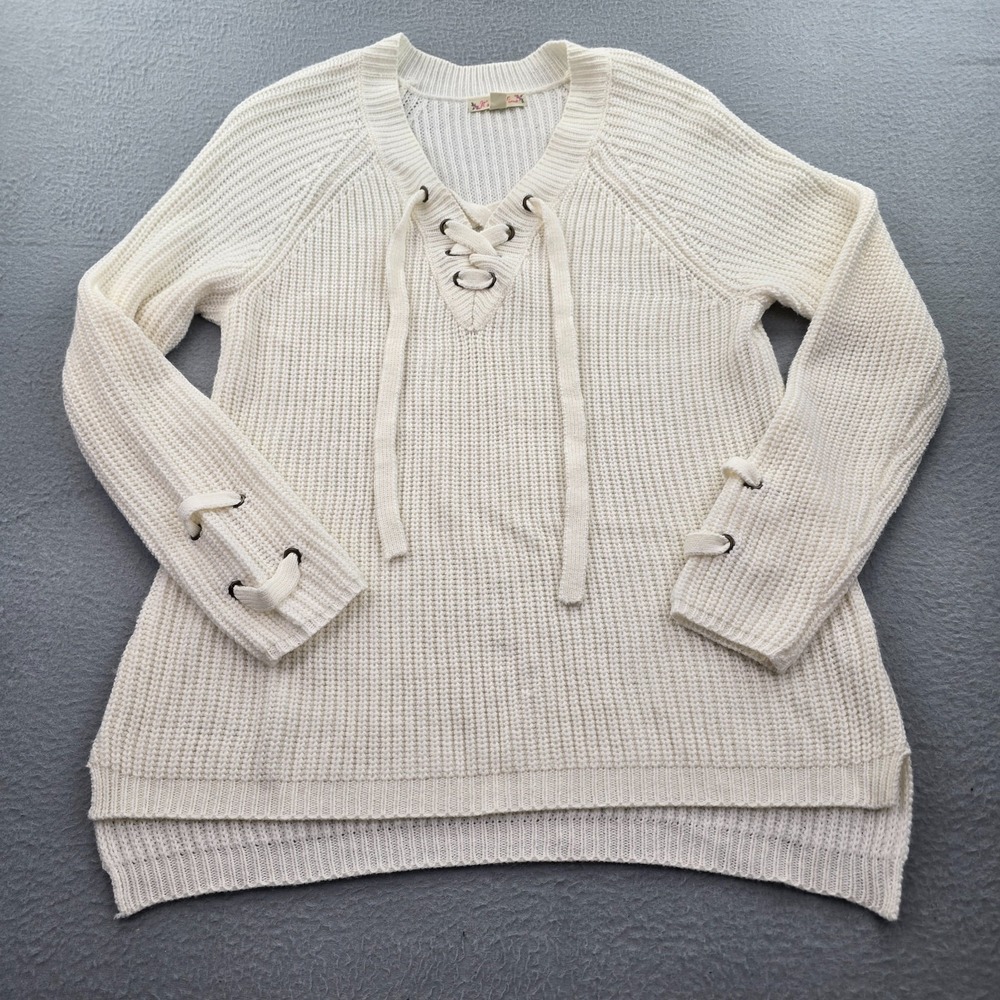 Its Our Time Sweater Womens Large Beige High Low Hem Tight Knit Ribbed Lace Up